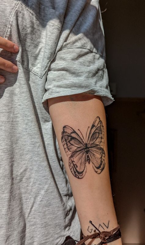 High Arm Tattoo, Inside Forearm Tattoo Women Butterfly, Low Arm Tattoo, Trippy Tattoo Sleeve, Trippy Flower Tattoo, Vibey Tattoos, Trippy Tattoos For Women, Butterfly Elbow Tattoos For Women, God Is A Woman Tattoo