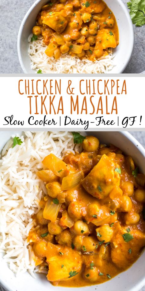 This easy slow cooker chicken and chickpea tikka masala is so simple to throw into your crock pot, and it's a lightened up, dairy-free and gluten-free version. Made with chickpeas (garbanzo beans), juicy chicken and a flavorful sauce, this recipe is perfect for a healthy weeknight meal or meal prep lunches. #slowcooker #dairyfreerecipes #glutenfreeslowcooker #chickenslowcookerrecipes Chicken And Chickpea Curry, Slow Cooker Tikka Masala, Chickpea Tikka Masala, Spicy Sausage Pasta, Hearty Recipes, Chicken Chickpea, Easy Slow Cooker Chicken, Healthy Weeknight Meals, Chickpea Recipes