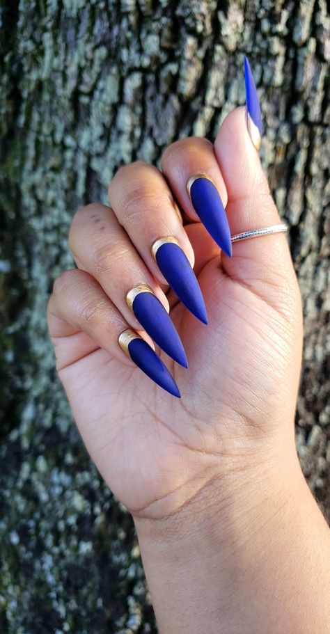 Royal Blue Nails With Gold, Royal Blue Stiletto Nails, Royal Blue And Gold Nails, Blue Nails With Gold, Matte Blue Nails, Dark Skin Nail Polish, Frog Nails, Royal Blue Nails Designs, Ariel Halloween