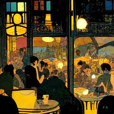 Steve McDonald 🎨📚 on Instagram: "Evening Cafe Scenes. These go with the City Life series. Reproductions are available in my store. (link in bio) *created with Midjourney ai rendering, Photoshop, Topaz, and FXStudioPro. . . . . . #illustration #imagination #artbysteve ##midjourney #digitalart #cityscapes #citystreets #architecture #cafe #midjourneyplusphotoshop #digitalillustration #limitededitionprints" Cafe Scene, Cafe Illustration, Steve Mcdonald, Cafe Shop, Environmental Design, City Streets, City Life, Limited Edition Prints, Digital Illustration