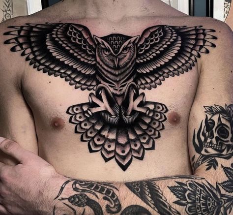 Chest Tattoo With Meaning, Chest Tattoo Girl, Chest Neck Tattoo, Owl Tattoo Chest, Traditional Owl Tattoos, Chest Tattoo Drawings, Tattoo Chest, Tattoo Prices, Owl Tattoo Design