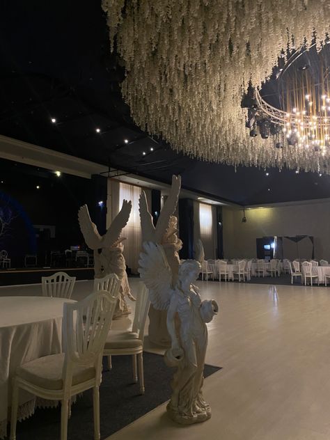 #wedding #weddinghall #angelic #aesthetic Angel Themed Wedding, Angelic Wedding Theme, Angelcore Wedding, Ball Themes, June Vibes, Angelic Wedding, Hall Deco, Angel Wedding, Angelic Aesthetic