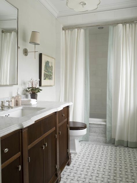 Phoebe Howard: Elegant bathroom design with marble basketweave tiles floor, wood bathroom vanity with ... Two Shower Curtains, Double Shower Curtain, Elegant Bathroom Design, Wood Bathroom Vanity, Toilet Sink, Double Shower, Bathing Beauty, White Shower Curtain, Custom Bathroom