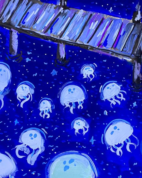 Dance of the Moonlight Jellies gouache painting Stardew Valley #stardewvalley #stardewvalleyfanart #DanceoftheMoonlightJellies #gouache #painting Stardew Valley Moonlight Jellies, Stardew Valley Fall Wallpaper, Stardew Valley Painting, Stardew Valley Poster, Stardew Valley Art, Stardew Valley Fanart, Board Paint, Painted Boards, Stardew Valley