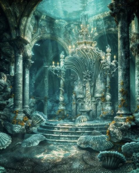 Fantasy Water Kingdom Aesthetic, Mermaid Home Aesthetic, Ocean Knight, Mermaid House Underwater, Mermaid Culture, Mermaid Village, Underwater Grotto, Castle Underwater, Fantasy Fountain