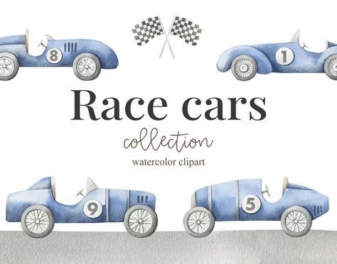 Cars Watercolor, Retro Racing Car, Car Clipart, Red Race, Vintage Race Car, Kids Clipart, Art Nursery, Vintage Racing, Cute Cars