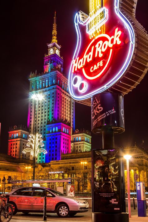 Warsaw at night - The Palace of Culture and science Warsaw Restaurant, Poland Aesthetic, Travel Poland, Poland Warsaw, Portugal Beach, Europe City, Poland Travel, Neon Nights, European Culture