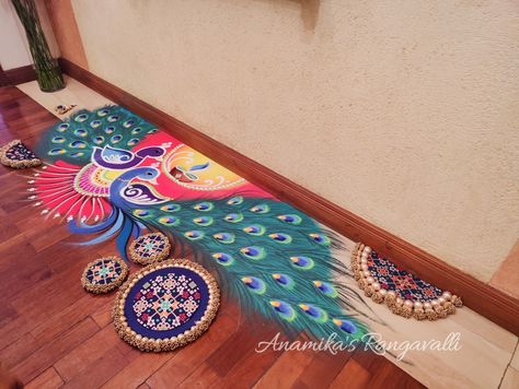 Side Wall Rangoli Designs, Wall Side Rangoli Designs, Ragoli Color Design Peacock, Peacock Rangoli Designs, Peacock Design Rangoli, Rangoli Designs For Diwali Peacock, Diwali Rangoli Designs Peacock, Easy Rangoli Designs Diwali Peacock, Diwali Special Rangoli Design Peacock