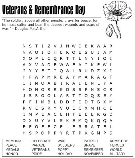 Veterans Day & Remembrance Day - Word Search Puzzle Elementary Guidance Lessons, Veterans Day Coloring Page, Remembrance Day Activities, Learning Websites For Kids, Veterans Day Celebration, Remembrance Day Art, Veterans Day Activities, Nursing Home Activities, Childrens Sermons