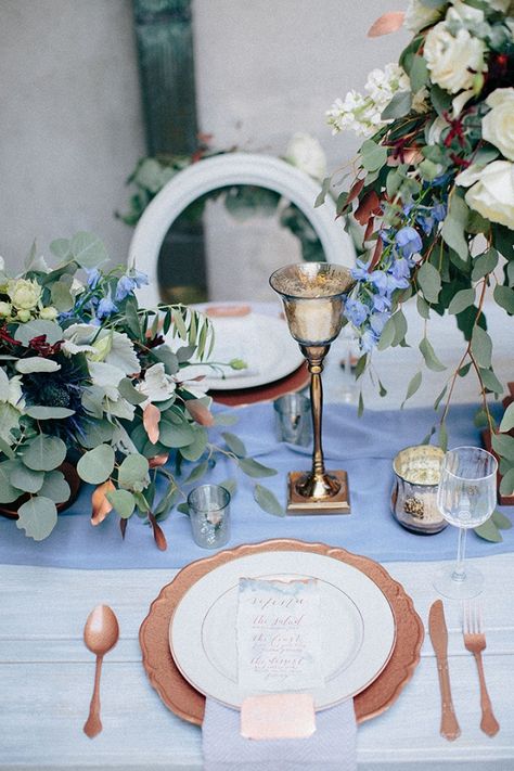 blue and copper table decor on Glamour & Grace Wedding Themes Romantic, Blue And Copper Wedding, Copper Wedding Colors, Romantic Blue, Gold Wedding Colors, Blue Wedding Inspiration, Copper Wedding, Blue Themed Wedding, Dusty Blue Weddings