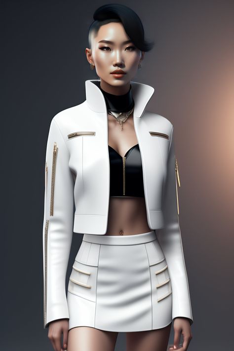 Lexica Futuristic Fashion Female, Futuristic Minimalism Fashion, Leather Futuristic Fashion, Elegant Fitted White Leather Jacket, Digital Art Cyberpunk, Cyberpunk Cropped Jacket, Luxury White Leather Outerwear, Mongolian Girl, Futuristic Jacket