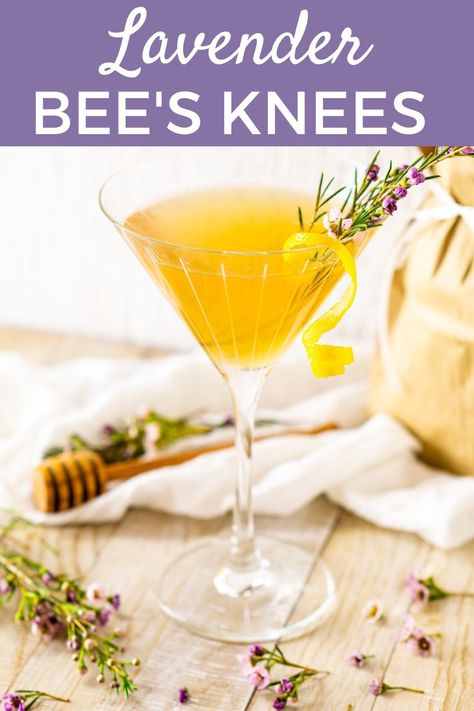 Meet the perfect spring cocktail! This lavender bee's knees is one refreshing gin cocktail. Flavored with honey and lemon, this lavender gin cocktail is the perfect spring sipper. Lavender Lemon Drop Martini Recipe, Lavender Lemon Drop Martini, Bees Knees Drink, Lemon Lavender Vodka Cocktail, Lavender Bees Knees Cocktail, Peach Pizza, Bee�’s Knees Cocktail, Lavender Bees Knees, Bees Knees Cocktail