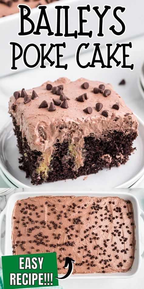 Irish Poke Cake, Irish Cream Poke Cake Recipe, Baileys Cupcakes With Cake Mix Recipe, Desserts Made With Bailey's Irish Cream, Chocolate Irish Cream Cake, Irish Cream Sheet Cake, Baileys Chocolate Cake Recipe, Baileys Poke Cake Recipe, Baileys Chocolate Poke Cake