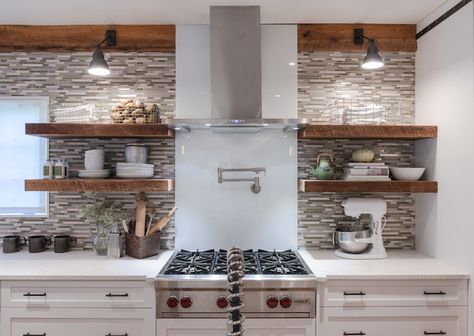 Reclaimed wood floating shelves are so awesome! We are totally geeking out! Visit our website to see what shelf options we offer! Enclosed Kitchen, Brown Floor, Urban Kitchen, Refacing Kitchen Cabinets, Wood Walls, Cabinets White, Open Cabinets, Kitchen Hoods, Steel Appliances