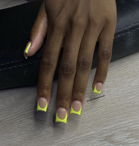 Bright Yellow Nails Neon, Lime Green French Tip Nails, Neon Yellow Acrylic Nails, Fye Nails, Ring Finger Nails, Transparent Nails, Cinnamon Brown, French Acrylic Nails, Short Square Acrylic Nails