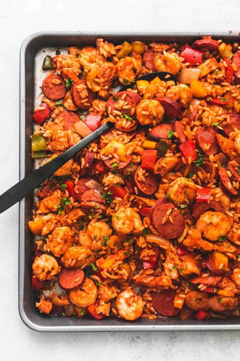 Sheet Pan Jambalaya - Creme De La Crumb One Pan Recipe, Sheet Pan Suppers, Pan Recipe, Sheet Pan Dinners Recipes, Jambalaya Recipe, Recipe Sheets, Pan Recipes, One Pan Meals, Sheet Pan Dinners