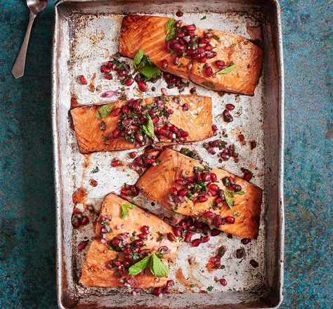 Pomegranate salmon - BBC Good Food Middle East Salmon Pomegranate, Pomegranate Salmon, Fresh Olives, Pomegranate Molasses, Bbc Good Food, Salmon Dishes, Roasted Salmon, Salmon Recipe, Bbc Good Food Recipes