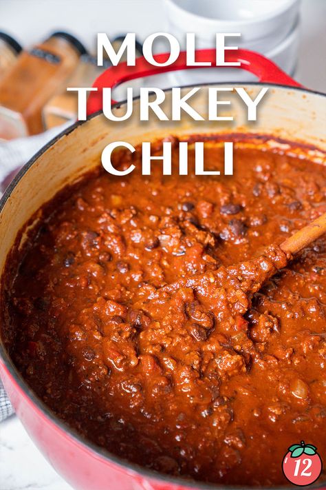 Turkey Mole Chile | 12 Tomatoes Maple Turkey Chili, Mole Chili Recipe, Turkey Mole Recipe, Mole With Peanut Butter, Tomatillo Chicken Chili, Mole Chili, Mexican Mole, Mole Recipe, Black Bean Chicken