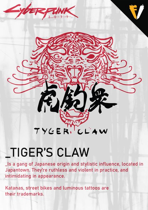 Tyger Claws Cyberpunk, Tyger Claws, Cyberpunk Drawing, Cyberpunk Red, Digital Fanart, Cyberpunk Tattoo, American Logo, Tiger Claw, Cyberpunk 2020