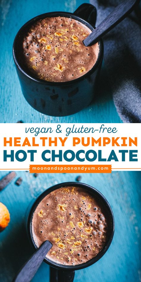 A non-alcoholic pumpkin drink featuring healthy hot chocolate! This simple fall recipe is vegan, dairy-free, soy-free, gluten-free, and refined sugar-free. Full of flavor and spices, this healthy pumpkin hot chocolate is cozy and comforting! Pumpkin Hot Chocolate Recipe, Paleo Hot Chocolate, Gluten Free Hot Chocolate, Pumpkin Hot Chocolate, Dairy Free Hot Chocolate, Hot Cocoa Mix Recipe, Healthy Hot Chocolate, Vegan Hot Chocolate, Hot Chocolate Recipe