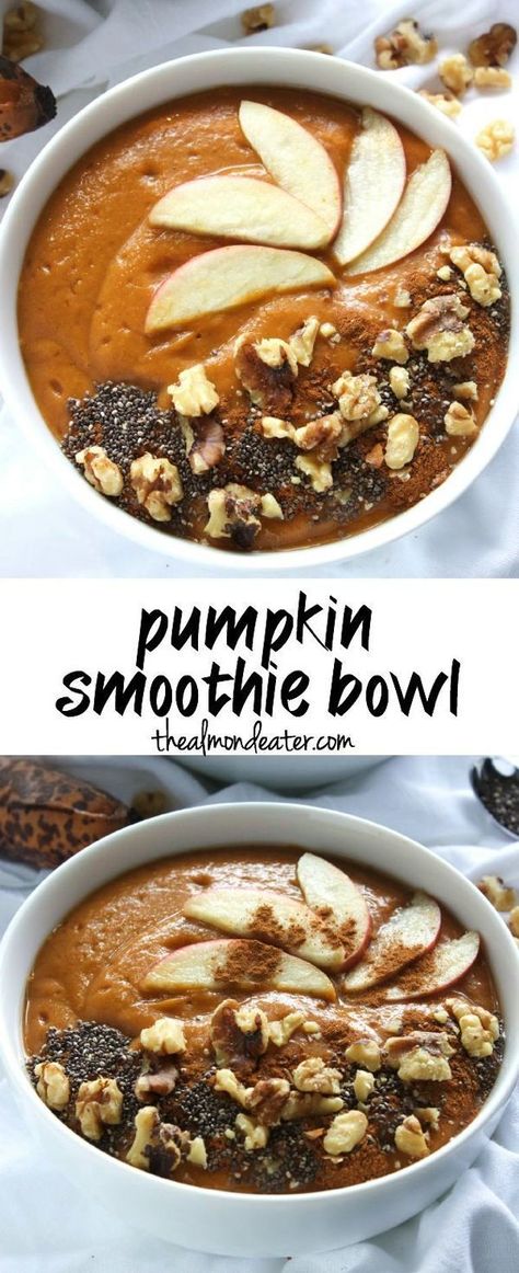 The most delicious and filling way to enjoy pumpkin for breakfast. Topped with apple slices, walnuts and cinnamon, this smoothie bowl screams fall! Pumpkin Smoothie Bowl, Smoothie Bowl Vegan, Pumpkin Smoothie, Best Smoothie Recipes, Smoothie Bowl Recipe, Breakfast Bowl, Recipes Breakfast, Breakfast Smoothie, Apple Slices