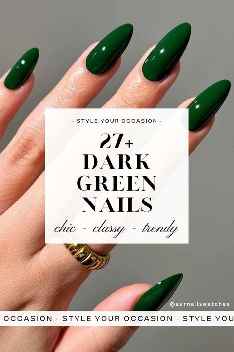 The biggest trend for fall and winter nails this year? Dark green nail designs! We’re bringing you over 27 beautiful dark green nail ideas, from emerald to forest green nails. Whether you're after short, acrylic, or almond nails, we have the perfect green nail inspiration for your 2024 fall and 2025 winter nails. Gel Nails Forest Green, Evergreen Almond Nails, Gel Nails Emerald Green, Olive Green Almond Nails Designs, Nail Inspired Green, Emerald Green Nails By Skin Tone Range, Green And Gold Simple Nails, Green Nails Gel Design, Matte Green With Gold Nails