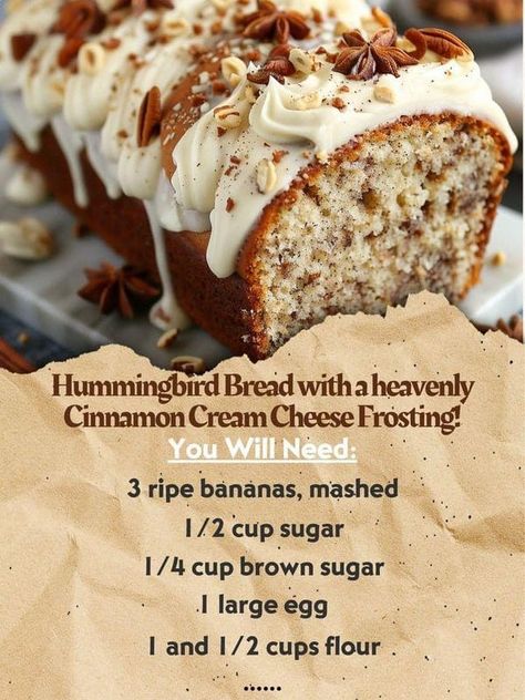 Tasty Soul Food Recipes | Just whipped up a batch of Hummingbird Bread with a heavenly Cinnamon Cream Cheese Frosting Hummingbird Bread Recipe, Peanut Butter Banana Recipes, Hummingbird Bread, Apple Cake Recipe Easy, Banana Recipes Overripe, Super Moist Banana Bread, Hummingbird Food, Bourbon Balls, Banana Treats