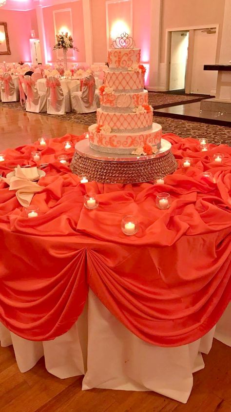 A beautiful 5 tiered cake with orange and white icing and a tiara on top! Orange Quinceanera Theme, Orange Quince, Orange Quinceanera, Cake Quinceanera, Princess Themed Birthday Party, Quince Planning, Quinceanera Stuff, Quince Themes, Quinceañera Ideas