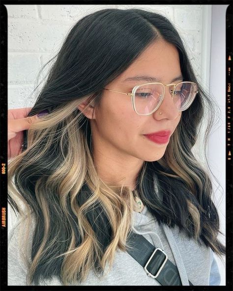 Balayage Peekaboo Hair, Black With Peekaboo Blonde, Black Hair With Underlights, Underneath Hair Color For Black Hair, Black Hair Blonde Peekaboo Highlights, Black Hair With Light Brown Underneath, Dark Hair Blonde Peekaboo, Brunette Hair Blonde Underneath, Short Hair Underlights