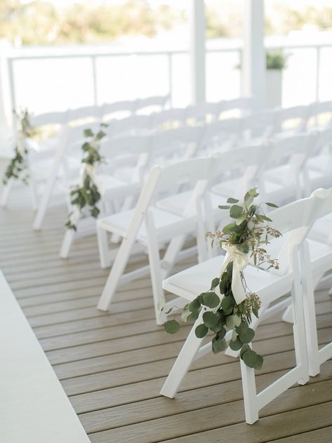 Eucalyptus Wedding Aisle Chair Decor, Eucalyptus Beach Wedding, Pier Wedding Decorations, Simple Beach Ceremony Decor, Aisle Florals, Wedding Ceremony Chairs, Wedding Isles, Ceremony Chairs, Wedding Messages