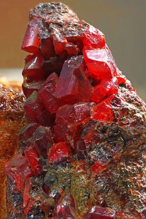 Rare Cherry Red Lorandite Crystals with Orpiment from Allchar, Macedonia Red Crystals, Gems And Minerals, Macedonia, Cherry Red, Cherry, Gems, Wine, Crystals, Stone