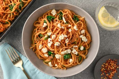 Spinach Beef and Pork Bolognese Spaghetti with garlic & herb goat cheese Pork Bolognese, Herb Goat Cheese, Bolognese Spaghetti, Meal Kit Delivery Service, Beef And Pork, Fresh Meals, Cooking Temperatures, Meal Kit, Garlic Herb