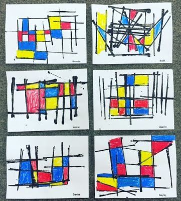 I have done many different Piet Mondrian inspired art activities.  But this one is now my absolute favorite and so easy to do!  These were all done by Kindergarten and Grade One students.   The childr Mondrian Inspired Art, Art 2nd Grade, Primary School Art, Classe D'art, First Grade Art, Kindergarten Art Lessons, Mondrian Art, Kindergarten Art Projects, 2nd Grade Art