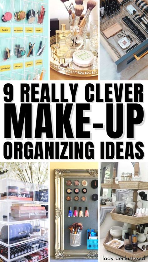 9 Really Clever Makeup Organizing Ideas Countertop Makeup Organization, Make Up Tisch, Small Makeup Vanities, Junk Drawers, Hair Product Organization, Makeup Organization Ideas, Diy Makeup Vanity, Diy Makeup Storage, Makeup Area