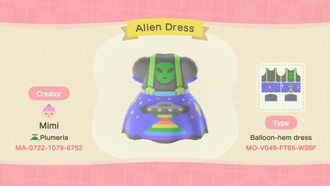 Animal Crossing New Horizons alien spaceship dress design. Acnh Alien Designs, Alien Dress, Alien Spaceship, Acnh Ideas, Alien Design, Island Ideas, Dress Design, Animal Crossing, Spaceship