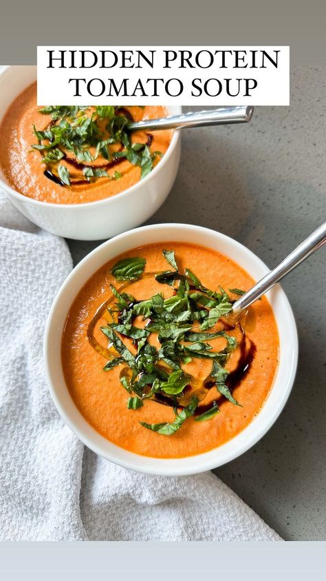 I love tomato soup for an easy, cozy meal but my problem with it has always been there’s basically no protein! so, I decided to make this… | Instagram High Protein Tomato Basil Soup, Protein Tomato Soup, High Protein Tomato Soup, Healthy Tomato Soup, Chicken Bone Broth, Dried Basil, Creamy Tomato Soup, Tomato Basil Soup, Cozy Meals