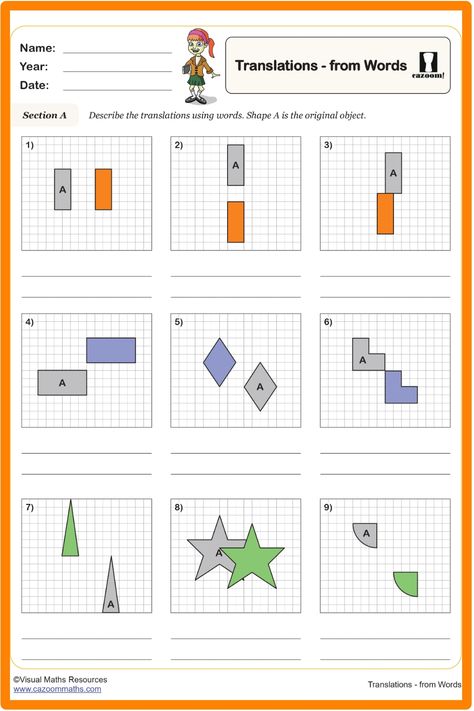 This educational worksheet focuses on translation and enhances students' understanding of how to accurately move an image from one position to another. Engage your students in a visual learning experience where they will practice drawing images with the correct orientation. Embrace this valuable opportunity to improve their spatial reasoning skills and strengthen their grasp of geometric concepts through hands-on activities. Utilize this practical resource to encourage active participation and f Year 5 Maths Worksheets, Year 5 Maths, Ks2 Maths, Words Worksheet, Spatial Reasoning, Maths Worksheets, Practice Drawing, Reasoning Skills, Visual Learning