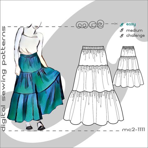 3-tier Easy-to-make Gipsy_Gypsy_Peasant_Prairie Skirt/ Digital PDF Sewing Patterns for Women by mc2patterns #Easy_to_make #Gipsy #Gypsy #Peasant #Prairie #Skirt #Digital #PDF_Sewing #Patterns #Women #mc2patterns Romani Skirts Pattern, Prairie Skirt Pattern, Hippie Skirt Pattern, Peasant Skirt Pattern, Boho Skirt Pattern Free, Diy Peasant Skirt, Long Skirt Pattern Sewing, Ruffled Skirt Pattern, Boho Skirt Pattern