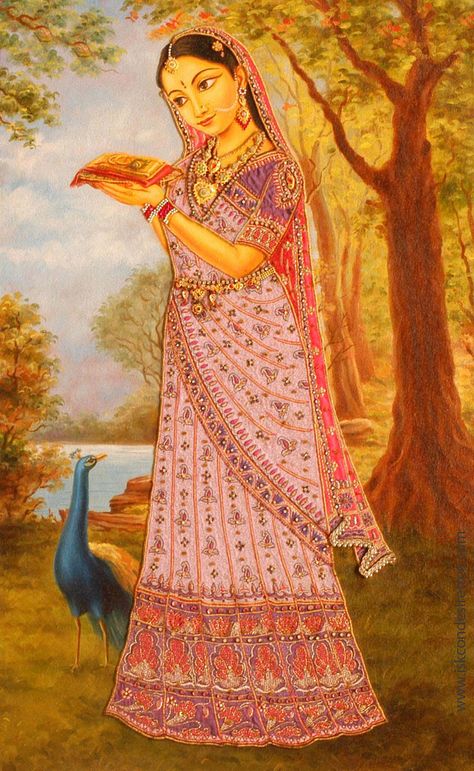 This Art poster is prepared by ISKCON desire tree for the pleasure of Srila Prabhupada and the devotee community. Madhubani Drawing, Srimati Radharani, Rajasthani Painting, Indian Women Painting, South Asian Art, Srila Prabhupada, Mughal Paintings, Pichwai Paintings, Hinduism Art