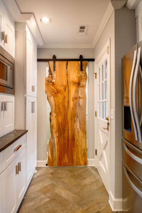 Raw edge wooden door in this fabulous kitchen Indoor Barn Doors, Panel Interior Doors, Wooden Doors Interior, Live Edge Furniture, Glass Panel Door, Timber Door, Cool Doors, House Doors, Open Concept Kitchen