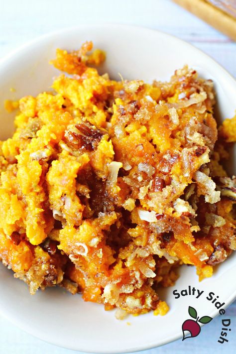 Sweet Potato Crunch Casserole Sweet Potato Crunch Casserole, Pecan Crumble Topping, Sweet Potato Crunch, Potato Souffle, Souffle Recipe, Pecan Crumble, Boiling Sweet Potatoes, Slow Cooker Roast Beef, Slow Cooker Sweet Potatoes