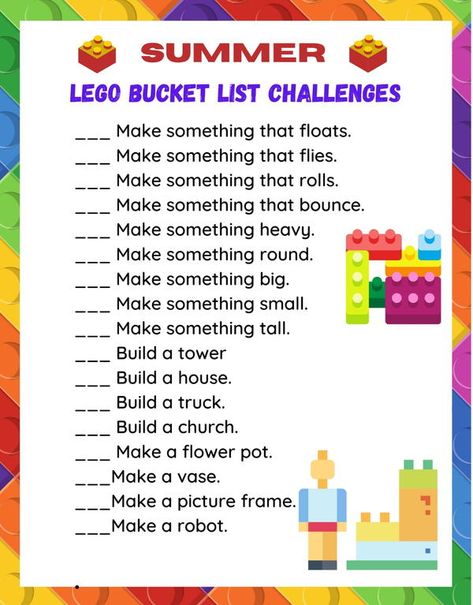 Does your little LEGO master builder need some new project ideas to keep them busy this summer? Keep your kids building this summer with this free printable LEGO challenge. From shapes to household items to buildings and more, these easy LEGO challenges will help your kids explore their creativity while having some building fun while playing at home. Let us know which one of our summer LEGO challenge is your family's favorite to build and create together! Lego Bucket, Lego Master Builder, Bucket List Challenge, Lego Library, Printable Lego, Kids Building, Lego Challenge, Lego Club, New Project Ideas