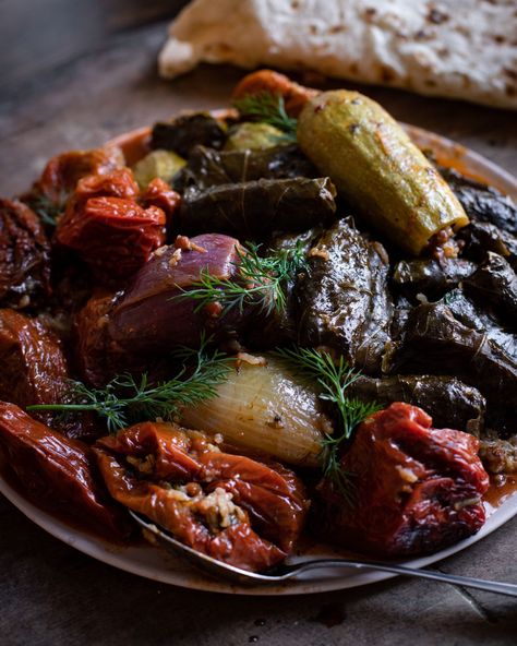 Vegan Kurdish Aprax / Dolma (Stuffed Vegetables with Herbed Aromatic Rice) - Best of Vegan Kurdish Cuisine, Dolma Recipe, Mint Yogurt Sauce, Kurdish Food, Stuffed Vegetables, Middle Eastern Style, Small Eggplant, Dried Peppers, Harvest Season