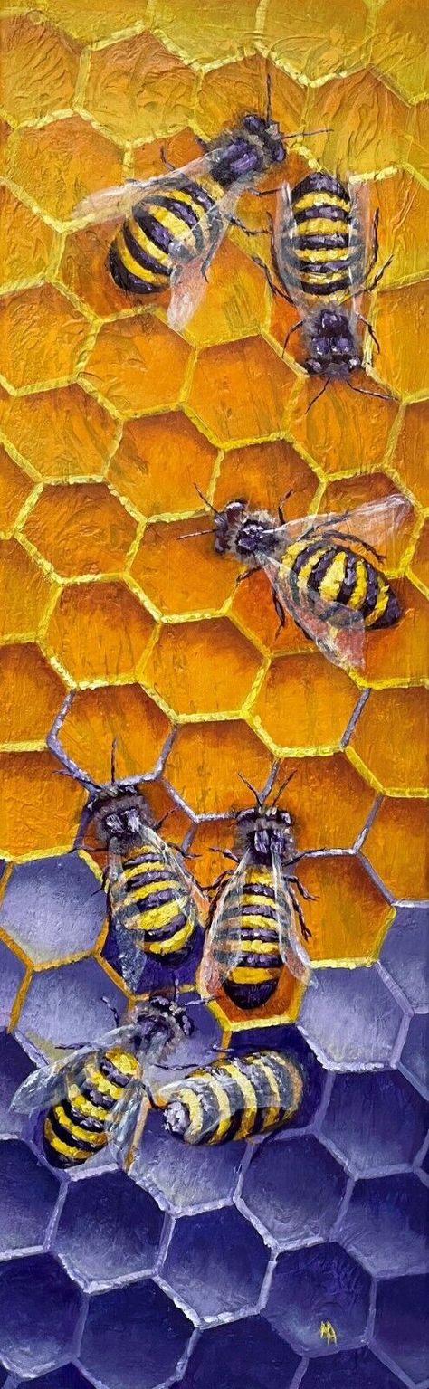 Abstract acrylic painting on canvas. 36'' x 12''.Honeycomb Honeycomb Painting Acrylic, Honeycomb Painting, Acrylic Inspiration, Waldorf Art, Canvas Modern Art, Animals Painting, Bee Painting, Random Inspiration, Abstract Acrylic Painting