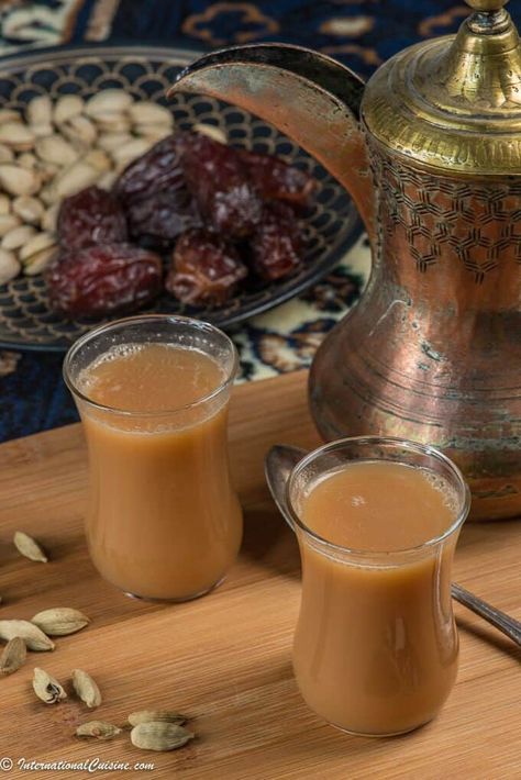 Karak Tea is a staple in Qatar, typically enjoyed spiced with cardamom.  Here is an easy recipe to bring the flavors of  the middle east into your home. Karak Tea, Karak Tea Recipe, Ginger Tea Recipe, Middle Eastern Dishes, Spice Tea, Exotic Food, Lebanese Recipes, Arabic Food, Morning Food