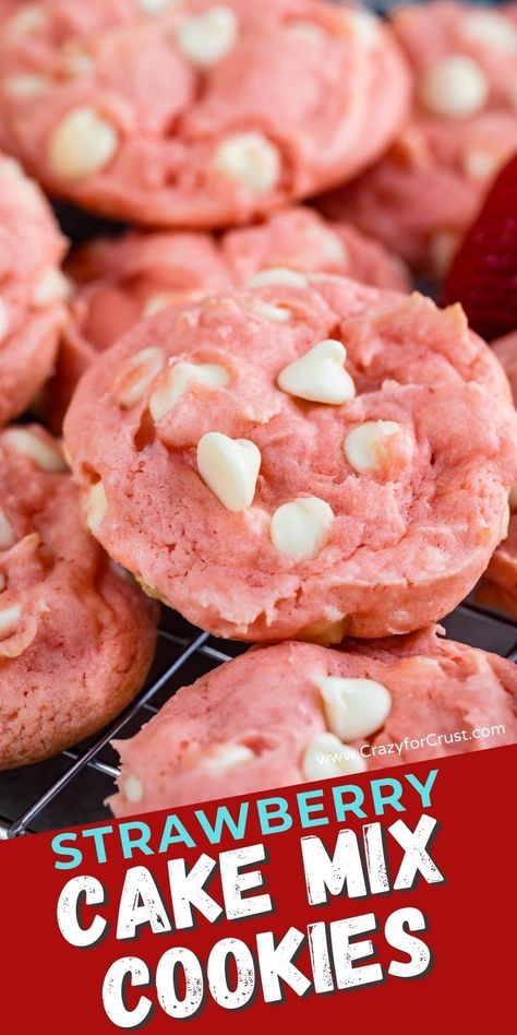 Strawberry Cake Mix Cookies are 3 ingredient cookies made with cake mix! Add white chocolate or any chocolate chips to make these easy cookies that taste like strawberries! Cakemix Cookie, Cookie Strawberry, Strawberry Chocolate Chip Cookies, Strawberry Cake Mix Cookies, Strawberry Cake Easy, Chocolate Cake Mix Cookies, 3 Ingredient Cookies, Strawberry Cake Mix, Cake Mix Cookie Recipes