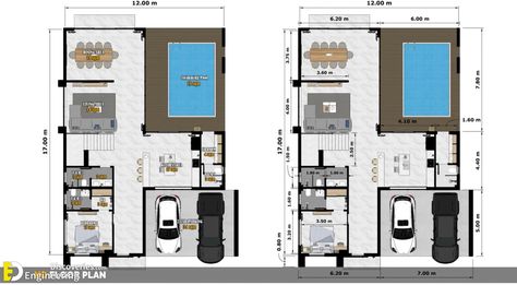 2 Storey Modern House Design 12m x 17m With Swimming Pool | Engineering Discoveries 2 Storey House Design With Pool, 2 Storey Modern House, House Plans 2 Storey, Swimming Pool Plan, Double Storey House Plans, Simple Floor Plans, 2bhk House Plan, Double Storey House, 2 Storey House Design