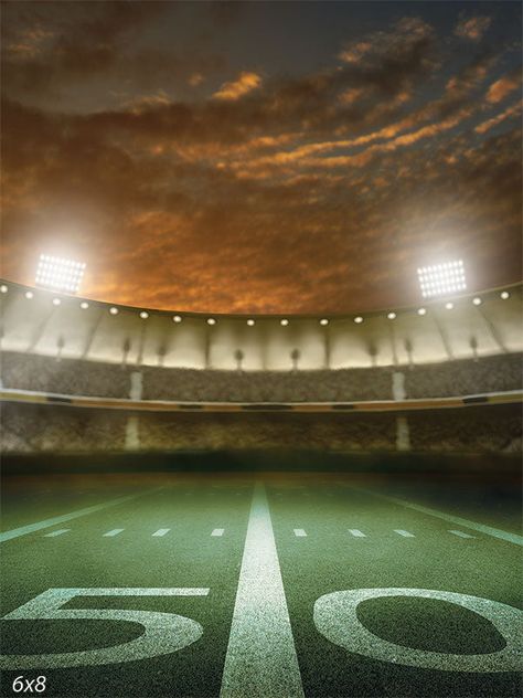 Stadium 50-Yard Line Photography Backdrop - Stadium 50-yard line photography backdrop featuring a football field under stadium lights at sunset. Stadium Photography, Sports Background Landscape, Football Field Background, Football Ground Background, American Football Field, Vintage Backdrop, Stadium Lighting, Line Photography, Photography Settings