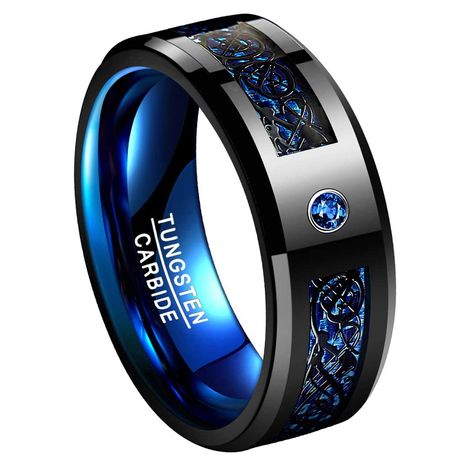 PRICES MAY VARY. Tungsten carbide ring with unique celtic dragon pattern, green / blue carbon fiber and cz inlay, 8mm width. Comfort Fit interior makes it easy to get on/off and wear all day long. Tungsten rings are water-proof, scratchproof and hypoallergenic, you can wear it daily and don't need to worry about damages and allergies. Suitable for wearing as a wedding ring, engagement ring, promise ring or a daily decoration. Ideal gift for Birthday, Anniversary, Valentine's Day, Thanksgiving or Pre Engagement, Commitment Rings, Marriage Ring, Mens Wedding Bands Tungsten, Celtic Dragon, Coban, Dragon Ring, Black Tungsten, Tungsten Carbide Rings