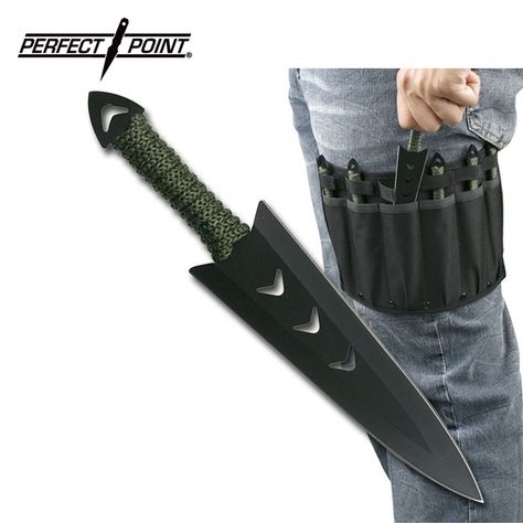 Throwing Knife Set with Six Knives, Black Blades, Green Cord-Wrapped Handles Leg Holster, Fantasy Blade, Knife Holster, Stiletto Knife, Tanto Knife, Dagger Knife, Camp Knife, Knife Set, Knife Sets